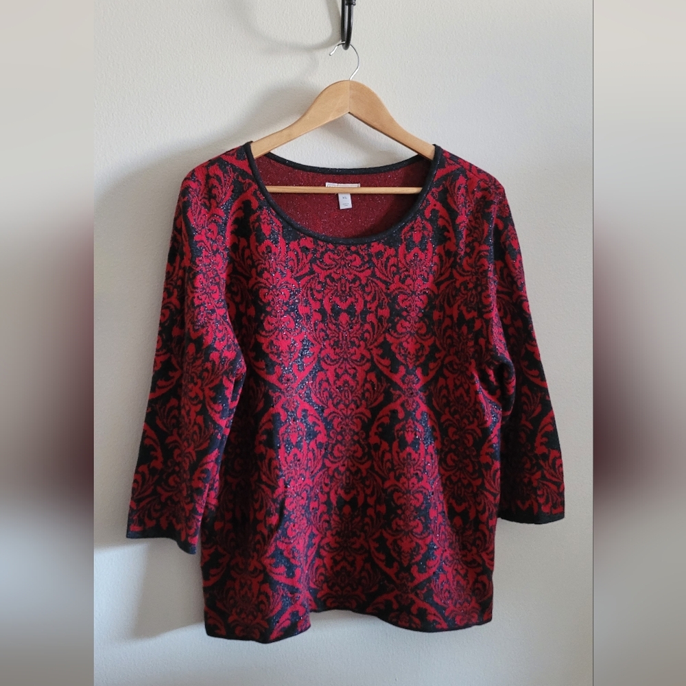 Dana Buchman Floral Scroll Top, Women's XL, Red with Grey & Black Faceted Gems